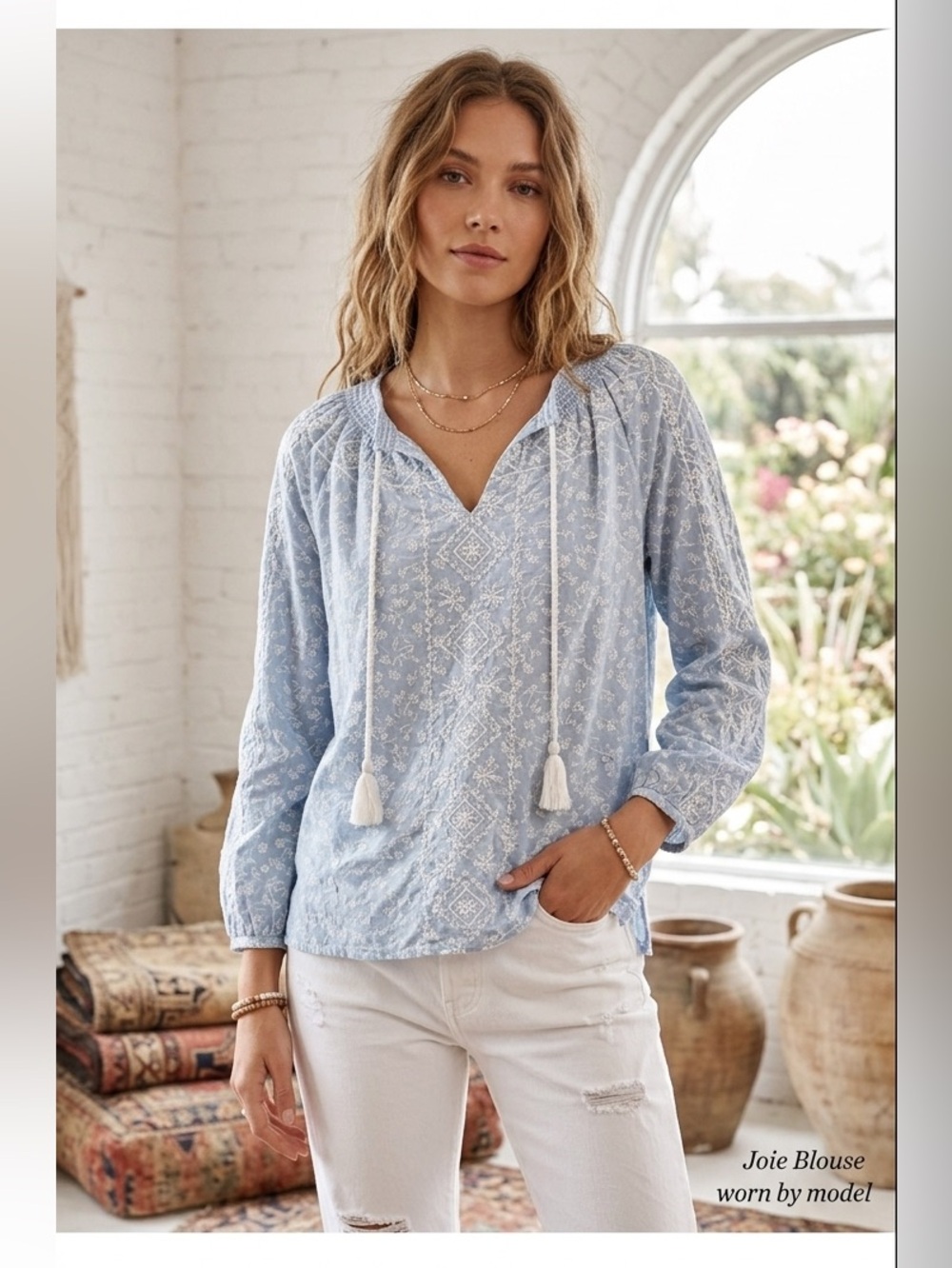 Joie Light Blue Floral Embroidered Tassel Peasant Blouse Small Boho Smocked Top